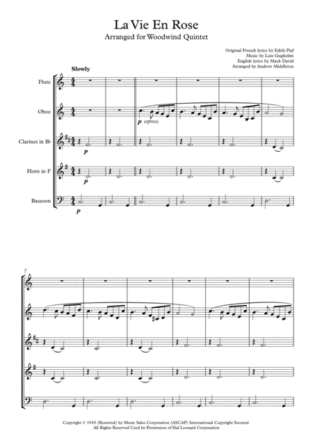 La Vie En Rose For Woodwind Quintet Sheet Music