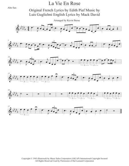 La Vie En Rose Original Key Alto Sax Sheet Music