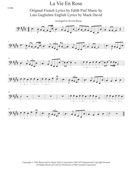 Free Sheet Music La Vie En Rose Original Key Cello