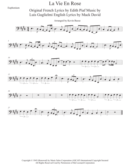 La Vie En Rose Original Key Euphonium Sheet Music