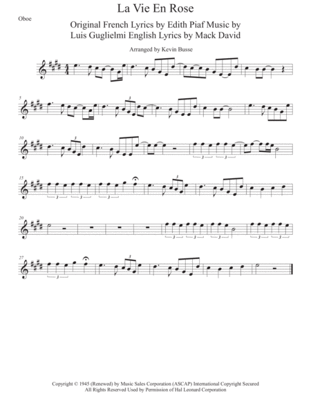 La Vie En Rose Original Key Oboe Sheet Music