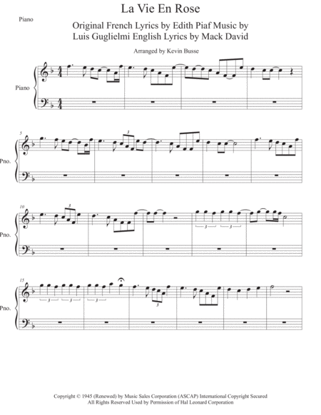 La Vie En Rose Piano Sheet Music