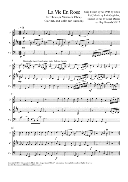 La Vie En Rose Trio For Flute Or Violin Or Oboe Clarinet And Cello Or Bassoon Sheet Music