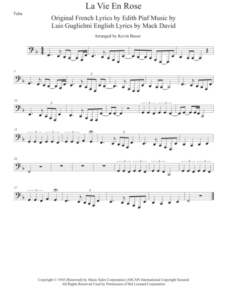 Free Sheet Music La Vie En Rose Tuba