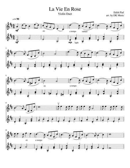 La Vie En Rose Violin Duet Sheet Music