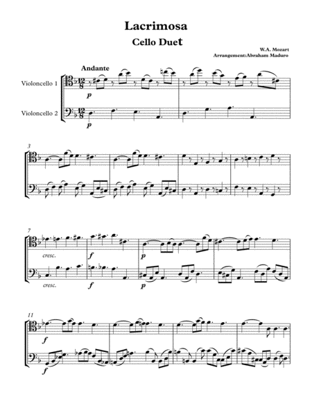 Lacrimosa From Mozarts Requiem Cello Duet Sheet Music