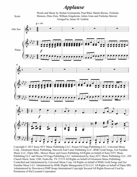 Lady Gaga Applause For Alto Sax Piano Sheet Music