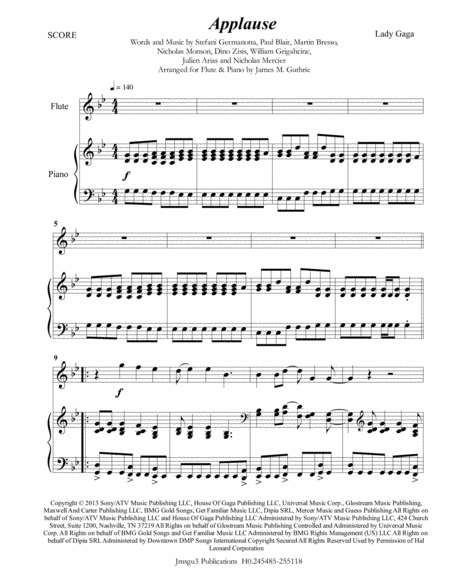 Lady Gaga Applause For Flute Piano Sheet Music