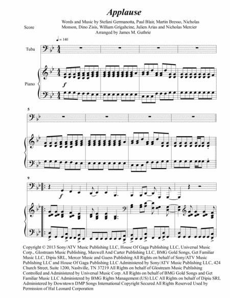 Free Sheet Music Lady Gaga Applause For Tuba Piano