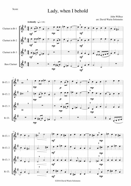 Lady When I Behold Arranged For Clarinet Quartet Sheet Music