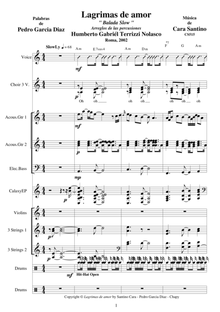 Lagrimas De Amo Slowly For Voice Choir And Orchestra Sheet Music