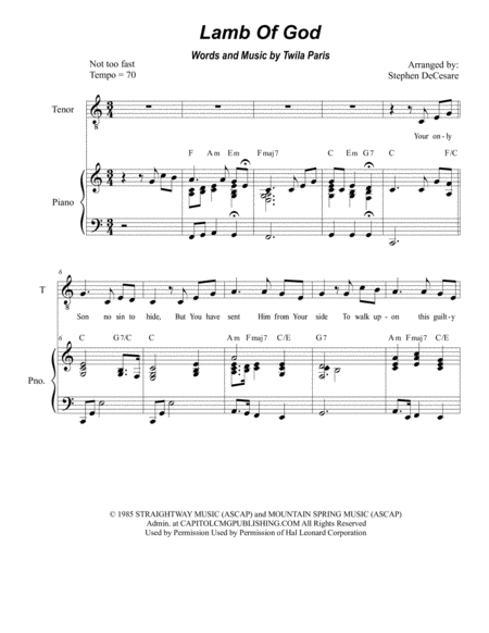 Free Sheet Music Lamb Of God Duet For Tenor And Bass Solo