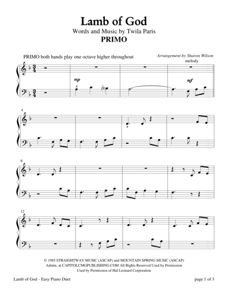 Free Sheet Music Lamb Of God Easy Piano Duet 1 Piano 4 Hands