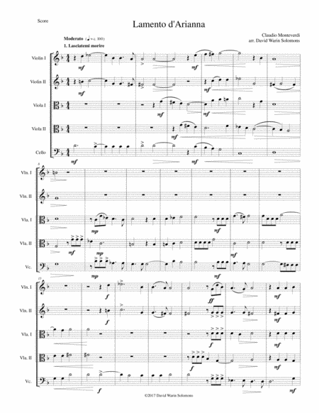 Lamento D Arianna For String Quintet Sheet Music