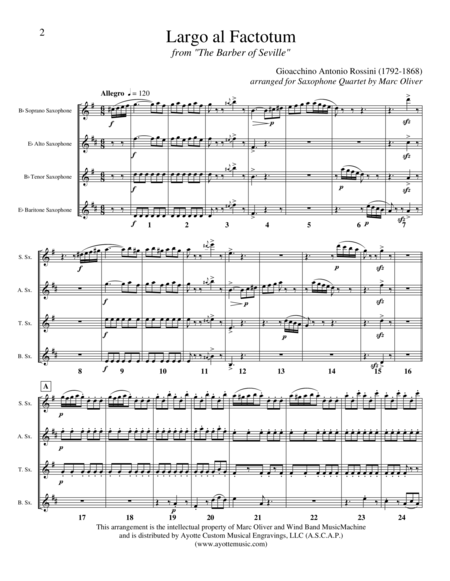 Largo Al Factotum From The Barber Of Seville Transcribed For Saxophone Quartet Sheet Music