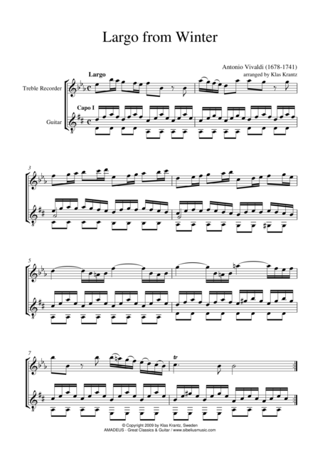 Free Sheet Music Largo From Winter For Treble Recorder And Guitar