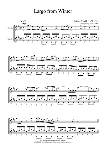 Free Sheet Music Largo From Winter For Violin And Guitar