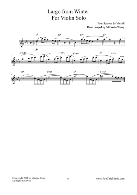 Largo From Winter Four Seasons Lead Sheet For Violin Flute Solo Sheet Music