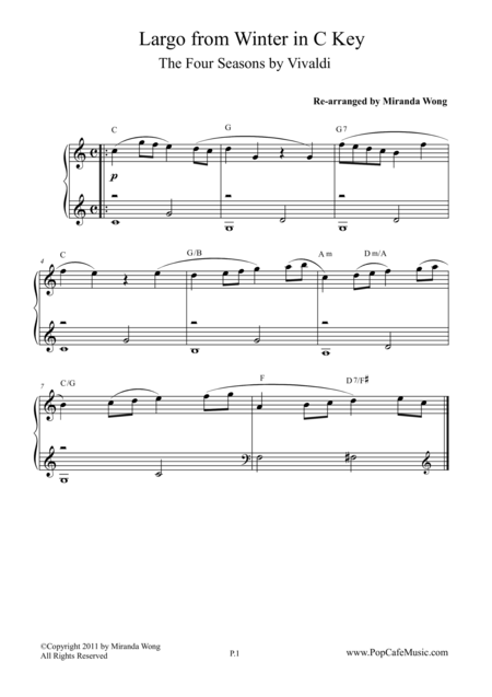 Free Sheet Music Largo From Winter The Four Seasons Piano Solo In C Key