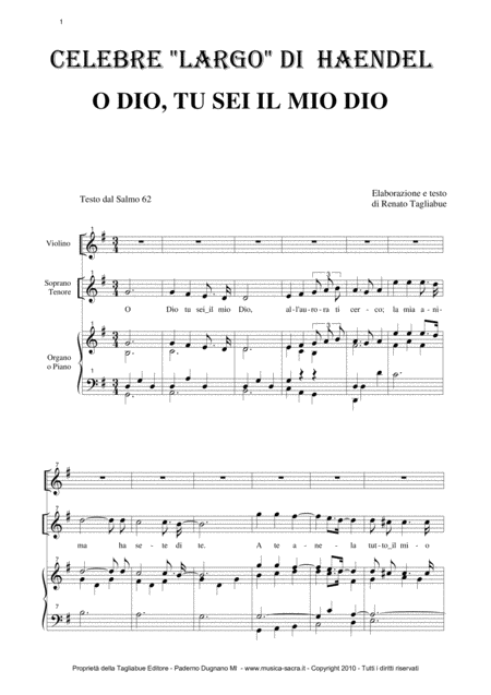 Largo From Xerxes By Handel Arr For Soprano Or Tenor Violin In Counterpoint And Organ Sheet Music