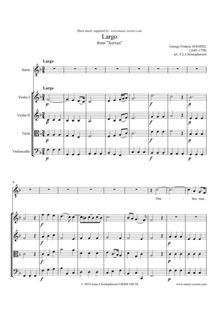 Free Sheet Music Largo From Xerxes String Quartet And Voice
