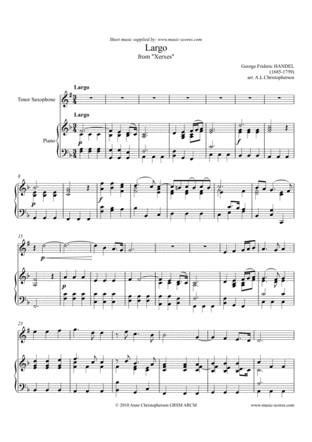 Free Sheet Music Largo From Xerxes Tenor Saxophone And Piano