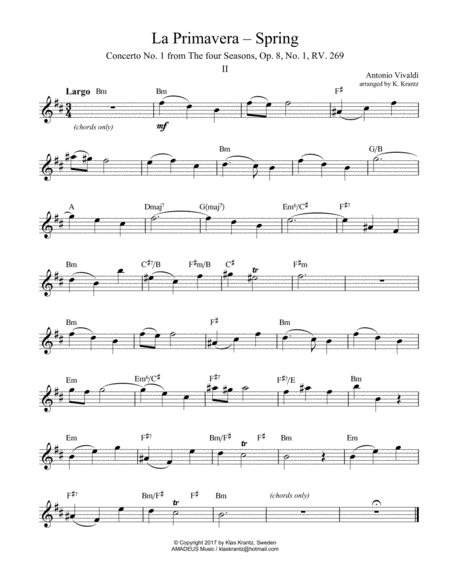 Largo Ii From La Primavera Spring For Solo With Guitar Chords Lead Sheet Sheet Music