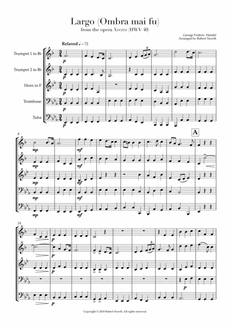 Largo Ombra Mai Fu From Xerxes For Brass Quintet Sheet Music