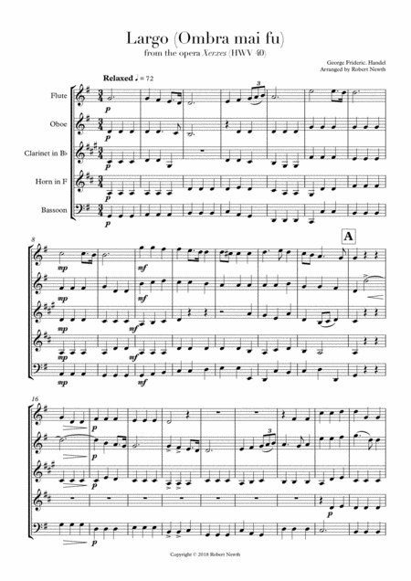 Largo Ombra Mai Fu From Xerxes For Wind Quintet Sheet Music