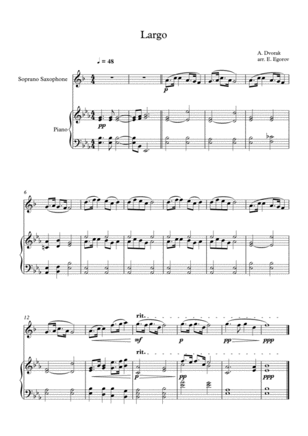 Free Sheet Music Largo The New World Antonin Dvorak For Soprano Saxophone Piano