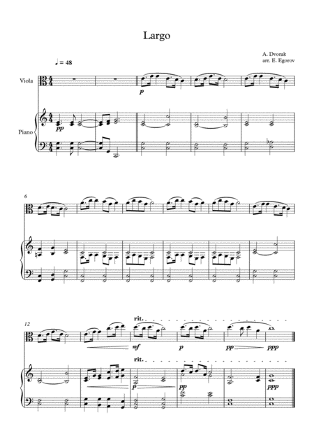 Free Sheet Music Largo The New World Antonin Dvorak For Viola Piano