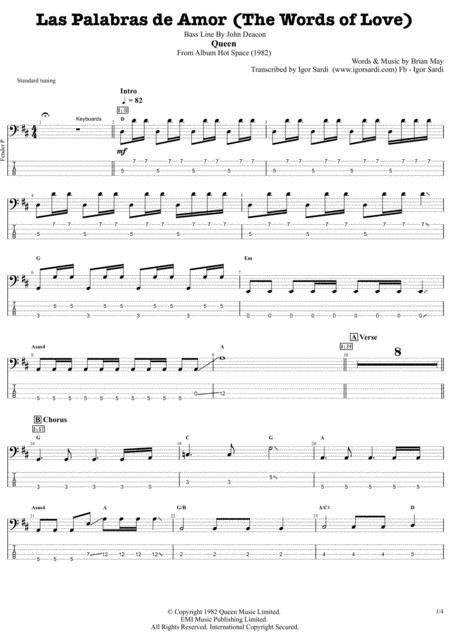 Las Palabras De Amor The Words Of Love Queen John Deacon Complete And Accurate Bass Transcription Whit Tab Sheet Music