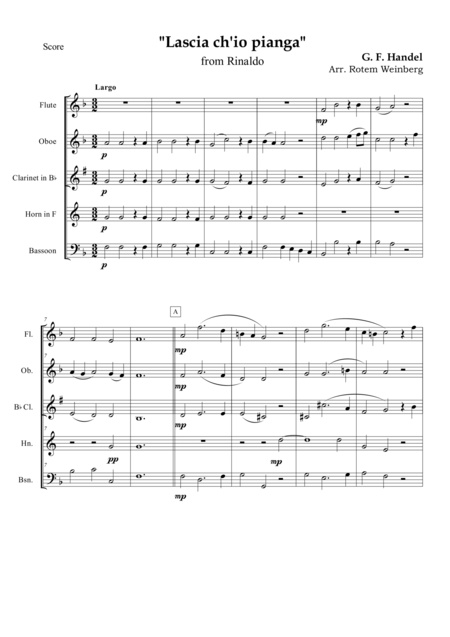 Lascia Ch Io Pianga Aria From The Opera Rinaldo Woodwind Quintet Fl Ob Cl Hn Bsn Sheet Music