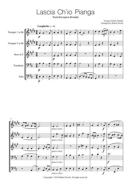 Free Sheet Music Lascia Ch Io Pianga For Brass Quintet