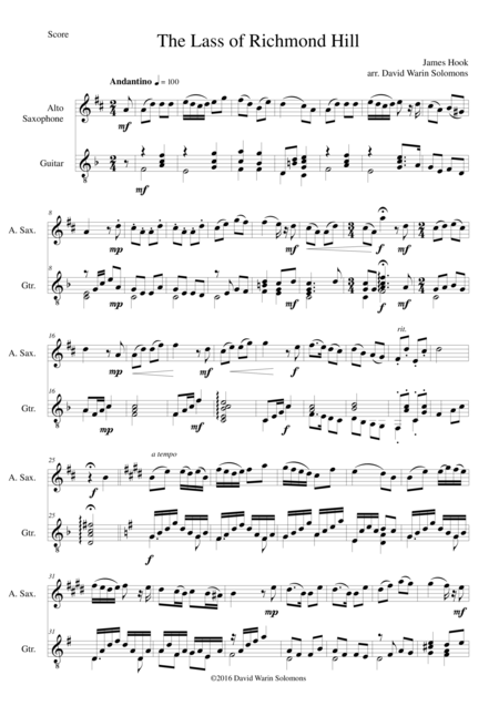 Lass Of Richmond Hill For Alto Saxophone And Guitar Sheet Music