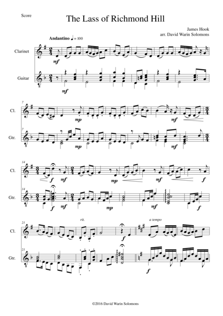 Lass Of Richmond Hill For Clarinet And Guitar Sheet Music