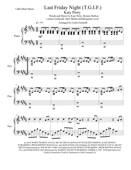 Last Friday Nightt G I F Piano Solo Sheet Music