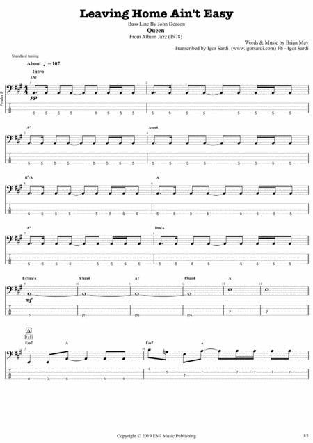 Leaving Home Aint Easy Queen John Deacon Complete And Accurate Bass Transcription Whit Tab Sheet Music