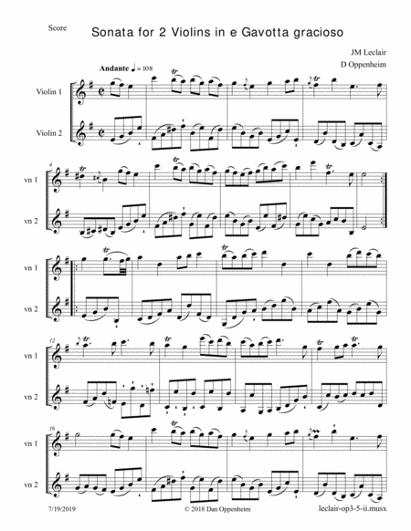 Free Sheet Music Leclair Sonata Op 3 Nr 5 In E Mvt 2 For 2 Violins