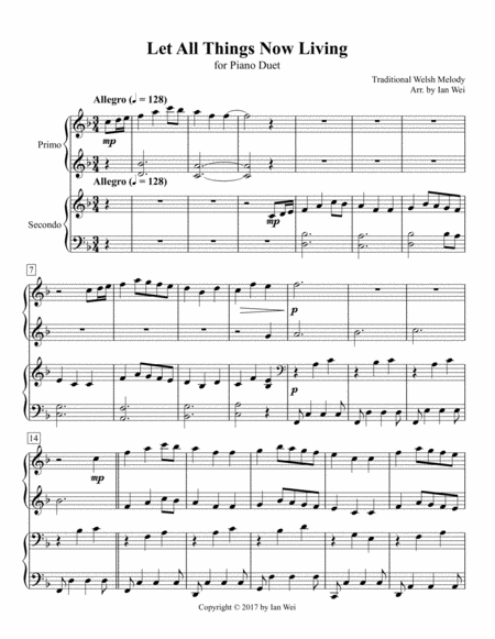 Let All Things Now Living For Piano Duet Sheet Music