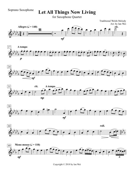 Let All Things Now Living For Saxophone Quartet Sheet Music