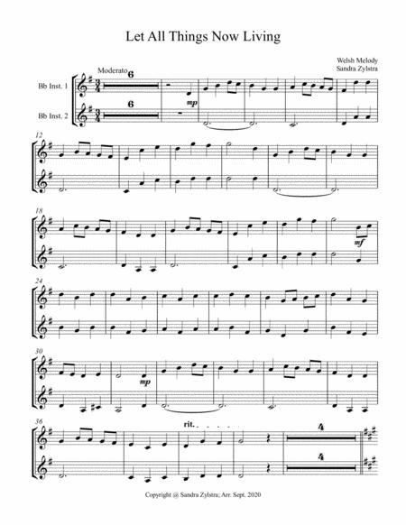 Free Sheet Music Let All Things Now Living Treble Bb Instrument Duet Parts Only