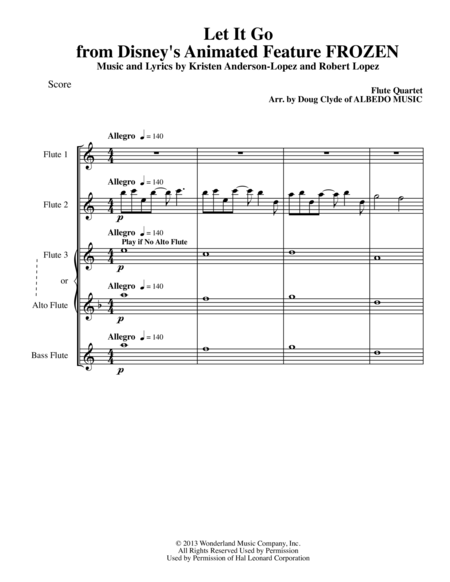 Let It Go From Disneys Animated Feature Frozen For Flute Quartet Sheet Music