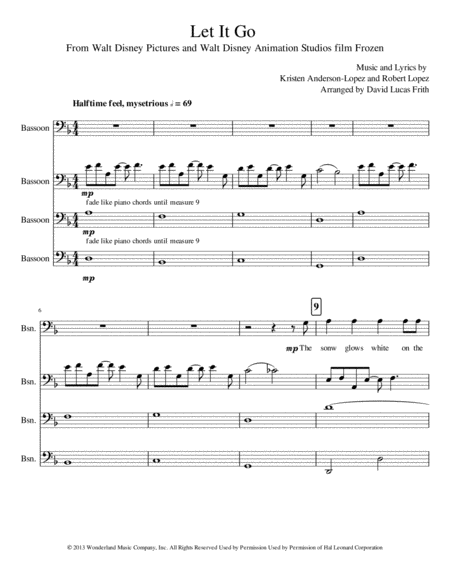 Let It Go From Frozen Bassoon Quartet Sheet Music