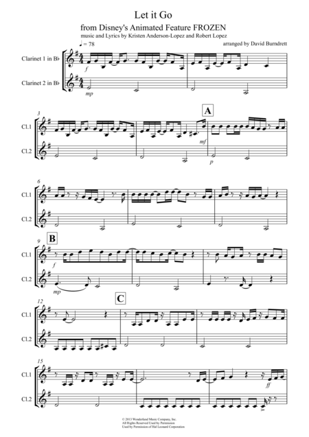 Free Sheet Music Let It Go From Frozen For Clarinet Duet