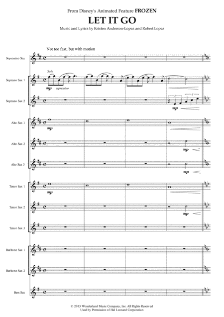 Free Sheet Music Let It Go From Frozen For Saxophone Ensemble