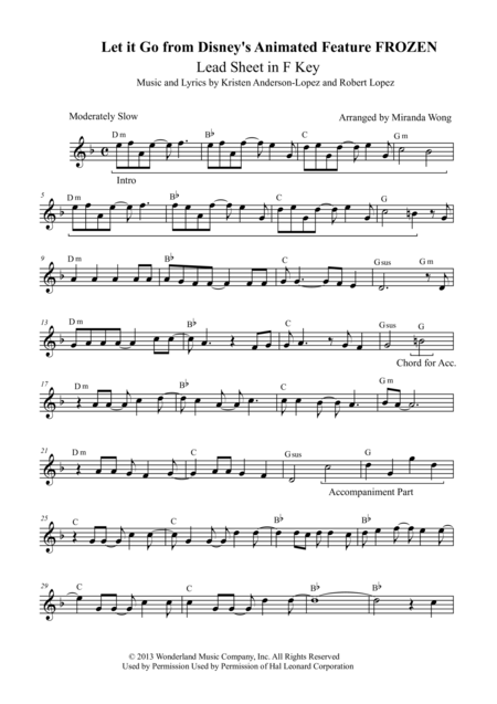 Free Sheet Music Let It Go From Frozen Lead Sheet In F Key With Chords