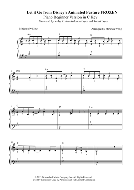 Let It Go From Frozen Piano Beginner Version In C Key With Fingerings Sheet Music