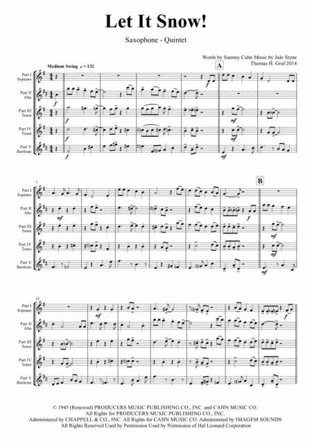 Let It Snow Let It Snow Let It Snow Christmas Song By Sammy Cahn Swing Saxophone Quintet Sheet Music