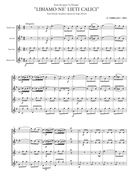 Libiamo Ne Lieti Calici Brindisi For Saxophone Quartet Satb Sheet Music